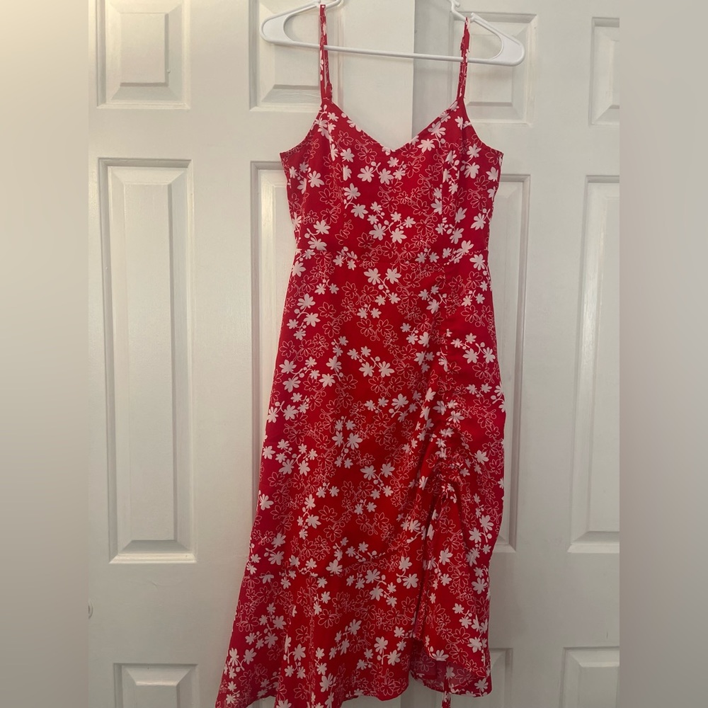 Eye catching red dress.